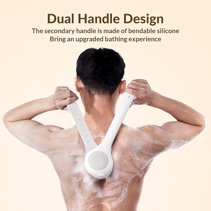 Electric Body Brush Back Scrubber for Shower, Waterproof Long Dual Handle Power Body Scrubber with 3 Heads, Rechargeable Bath Brush & 2 Speeds, for Cleansing, Exfoliating and Massaging Skin-StrideForce Fitness
