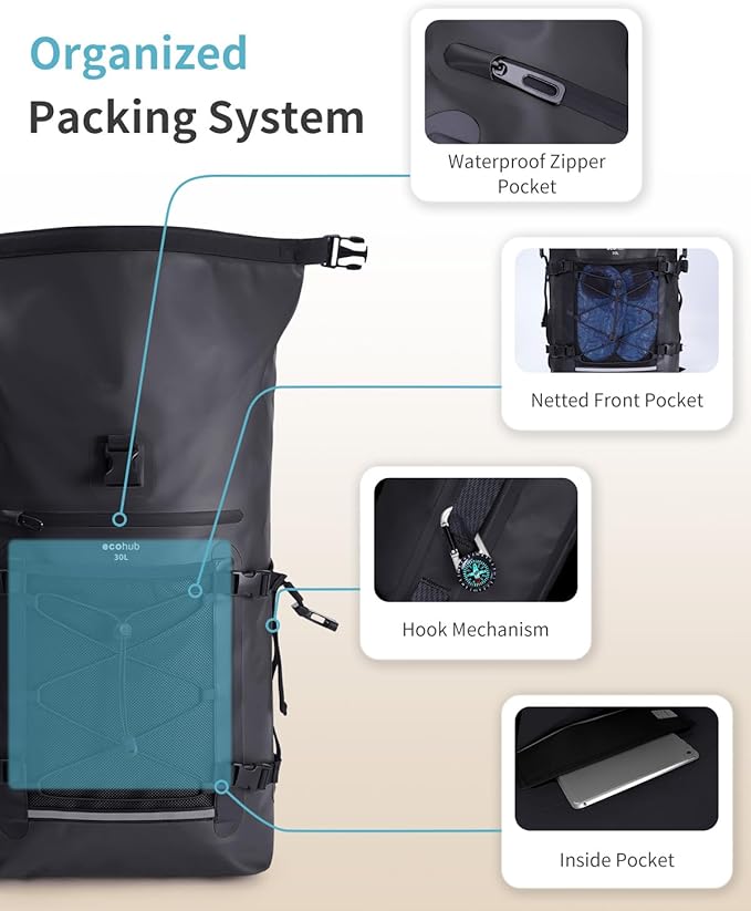 ECOHUB Waterproof Backpack for Women Men, 30L Roll-Top Closure Heavy Duty Dry Bag for Travel with IPX8 Waterproof Phone Case-StrideForce Fitness