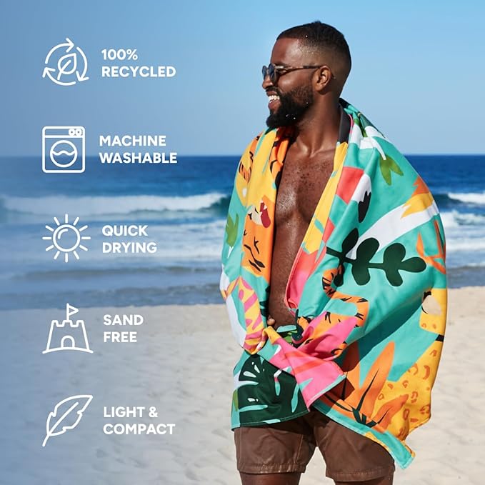Dock & Bay Beach Towel - Quick Dry, Sand Free - Compact, Lightweight - 100% Recycled - Includes Bag - Wild Things - Large (160x90cm, 63x35)-StrideForce Fitness