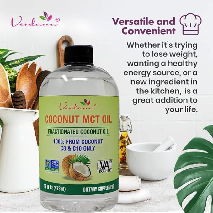 Verdana Food Grade MCT Oil 16 oz – for Keto Coffee, Unflavored Natural Oil Pulling Mouthwash & Massage - 100% Coconut Derived Fractionated – Medium Chain Triglycerides C8 C10 –Non-GMO, Kosher