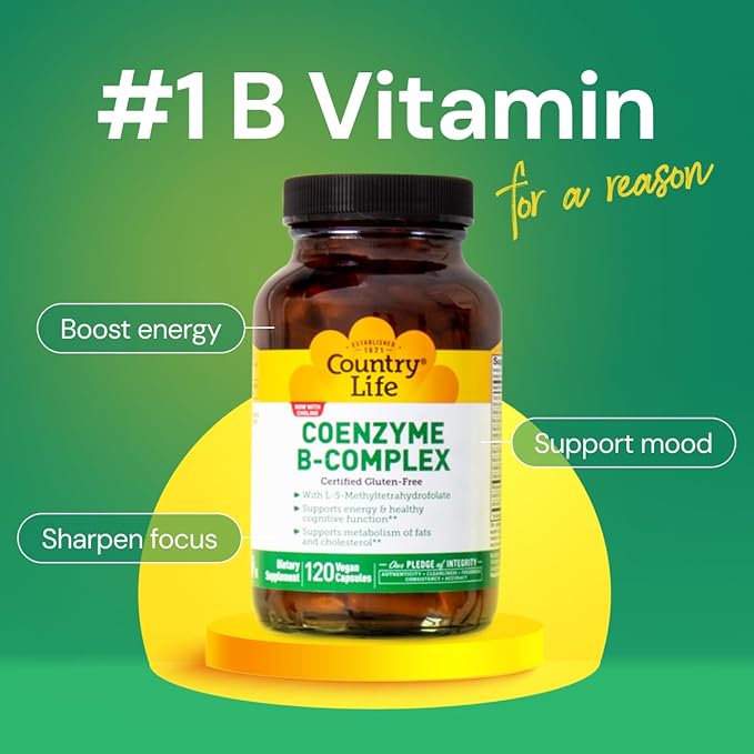 Country Life Coenzyme B-Complex, 120 Capsules – Supports Energy & Metabolism, Mood & Cognitive Function – Vegan, Gluten-Free, Bioavailable B Vitamins with Choline-StrideForce Fitness