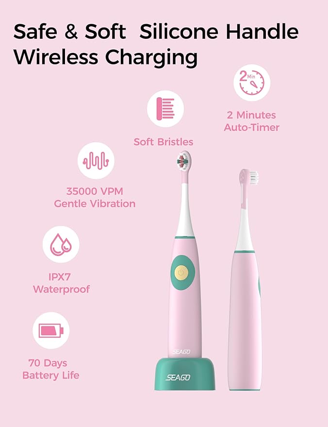 SEAGO Kids Electric Toothbrushes for Ages 5-8 with 2 Sizes Soft Brush Heads, Soft Silicone Handle, 2-Min Timer, IPX7 Waterproof, 35000VPM, Rechargeable 70 Day Battery Life with Charging Base (Pink)