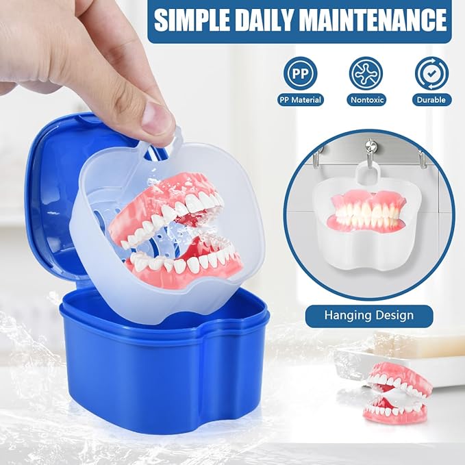 2 Pack Denture Bath Case Cup Box Holder Storage Container with Denture Cleaner Brush Strainer Basket for Travel Cleaning (Blue and Pink)