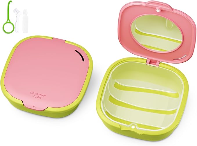 Magnetic Retainer Box with Mirror, Compact Denture Case with Vent Holes & Retainer Remover Tool & Chewies & Brush, Protable Aligner Cleaner Case for Night Mouth Guards, Braces (Pink Green)