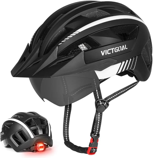 VICTGOAL Bike Helmet for Men Women with Led Light Detachable Magnetic Goggles Removable Sun Visor Mountain & Road Bicycle Helmets Adjustable Size Adult Cycling Helmets-StrideForce Fitness