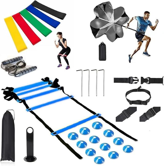 Speed Training Equipment Set, 12 rungs Agility Ladder, 12 Soccer Cones, Jump Rope, Running Parachute, Resistance Bands, Basketball Football Soccer Training Equipment for Kids Youth Adults.-StrideForce Fitness