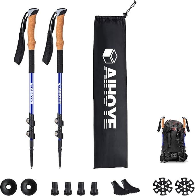Aihoye Trekking Hiking Poles - 2 Pack Adjustable Walking Sticks, Collapsible Lightweight Aluminum 7075, Hiking Sticks with Quick Flip-Lock and Comfortable Cork Grips-StrideForce Fitness