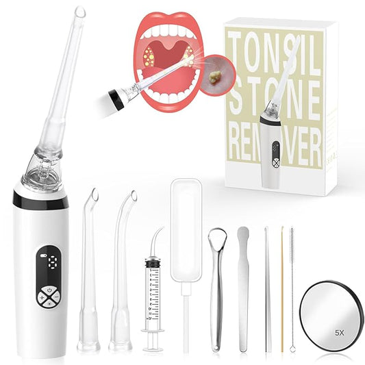 Voraiya Tonsil Stone Remover, Electronic Vacuum Tonsil Stone Removal Kit, 8 Suction Mode, Built-in LED Light, Fight Bad Breath, Oral Irrigator, Tonsil Cleaner, Tongue Scraper (White)