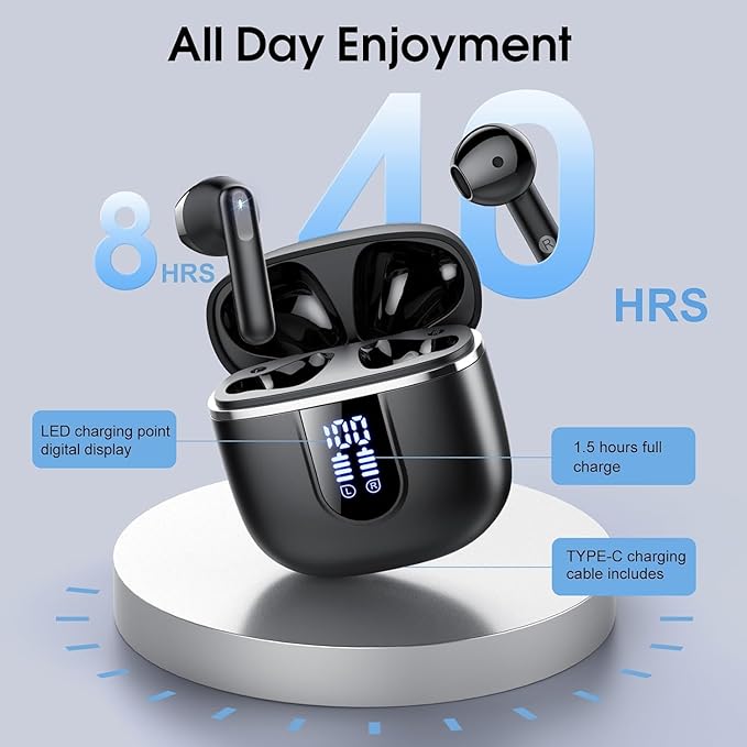 Wireless Earbuds, 2025 Bluetooth 5.4 Headphones with 3D Bass Stereo, 40H Ultralight in-Ear Buds, Bluetooth Earbuds with 4 ENC Noise Cancelling Mic, USB-C LED, IP7 Waterproof Earphones for Android iOS-StrideForce Fitness