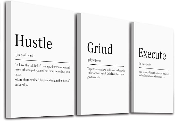 Hustle Grind Execute, Inspirational Wall Decor Art - Framed Canvas Office Decor, Quote Poster, Office Wall Art, White Large Poster, Positive Motivational Wall Art, 12x16inchx3pcs-StrideForce Fitness