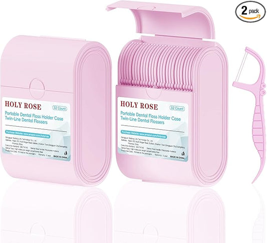 Holy Rose Pink Dental Floss Picks, 2 Packs Travel Cases with Twin Line Flosser 104 Count, Mint, Flossers Sticks Toothpicks is an Oral Care Tool for Clean and Fresh Teeth.