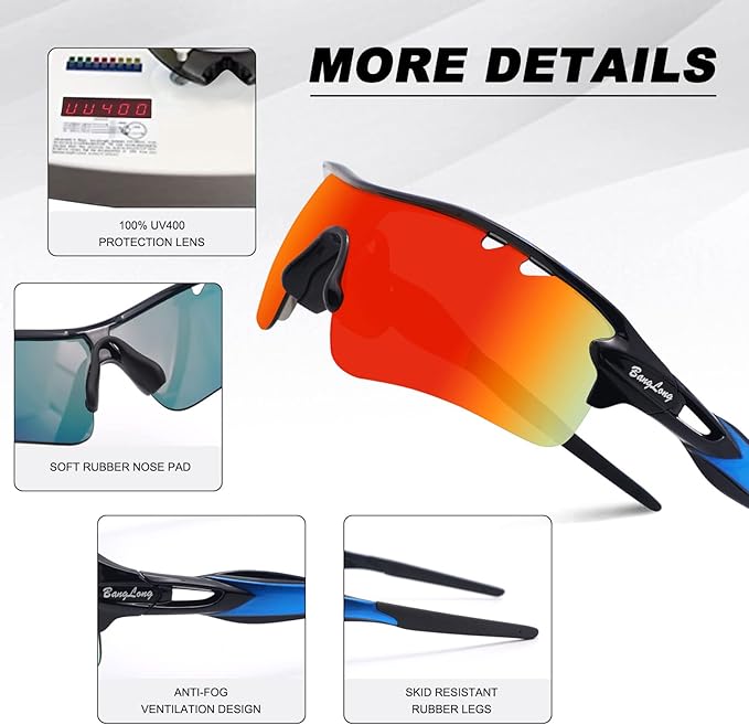 BangLong Polarized Sports Sunglasses Cycling Sun Glasses for Men Women with 5 Interchangeable Lenes for Running Baseball Golf-StrideForce Fitness