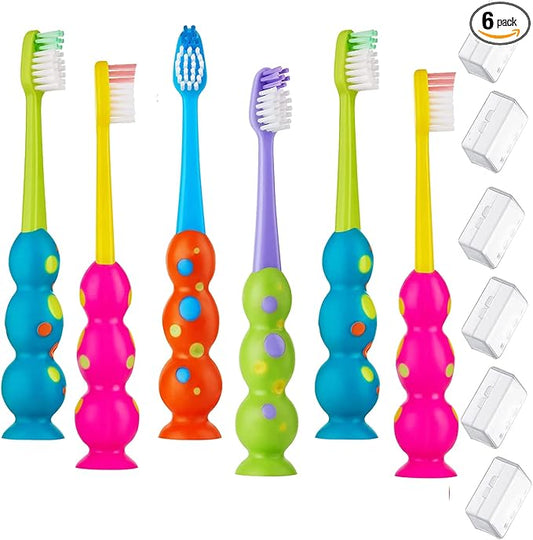 Trueocity Kids Toothbrush 6 Pack - Soft Contoured Bristles - Child Sized Brush Heads (3-10 Year Old) - Suction Cup for Fun & Easy Storage - Girl & Boy Set (6-Pack, Multi-Color)