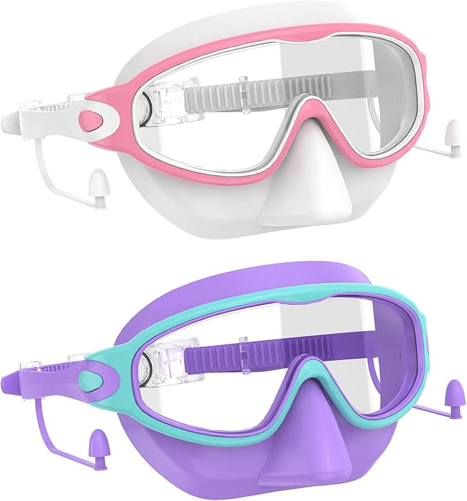 Swim Goggles for Kids 3-15 with Earplugs Large Frame Anti-Fog/UV Swimming Goggles for Boys Girls Toddler 2PCS-StrideForce Fitness