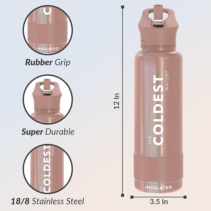 Coldest Insulated Water Bottle with Straw Lid - Stainless Steel Metal Insulated Bottle for Men & Women (Golden Rose Glitter, 40 oz)-StrideForce Fitness