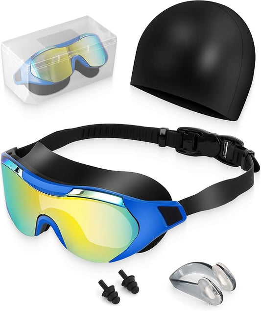Swim Goggles with Nose Clip, Ear Plugs & Swim Cap, Anti-Fog UV Protection Lens, Leakproof Adjustable Strap for Adult-StrideForce Fitness