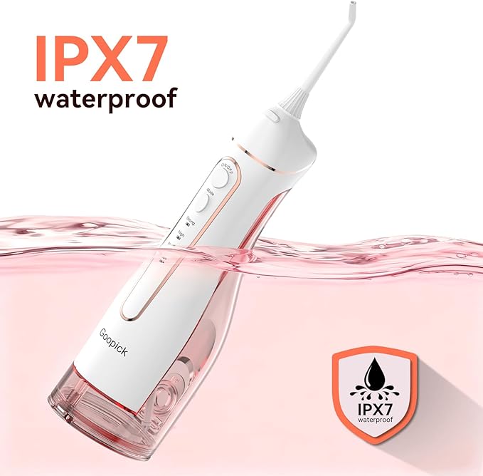 Cordless Portable Water Flosser with 300ML Tank: Rechargeable Oral Irrigator with 5 Tips for Travel, Braces Care and Sensitive Gums, IPX7 Waterproof Teeth Cleaning Device(Pink)