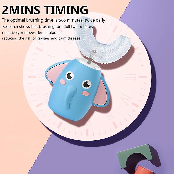 SNOWROSE Kids Electric Toothbrush U-Shaped Ultrasonic IPX7 Waterproof Design with 2 Brush Head 3 Modes, 360° Full Mouth Cleaning Automatic Children Toothbrush for 2-12 Years Old (Blue, 2-12 Age)