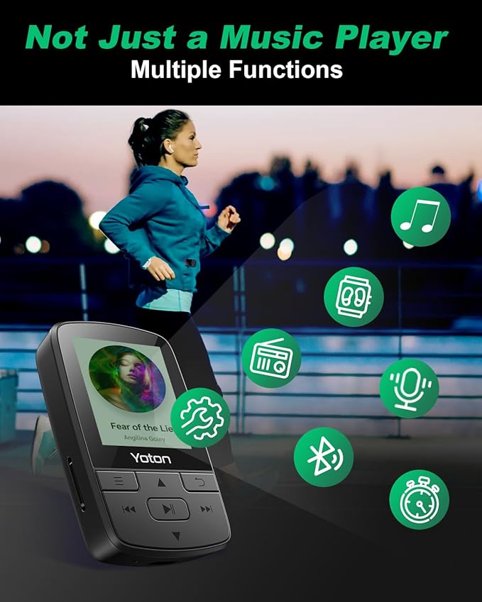 YOTON MP3 Player with Bluetooth 5.2, 64GB, HiFi-Music, with Sports Clip and Independent Volume Button, FM Radio, Earphones Included-StrideForce Fitness