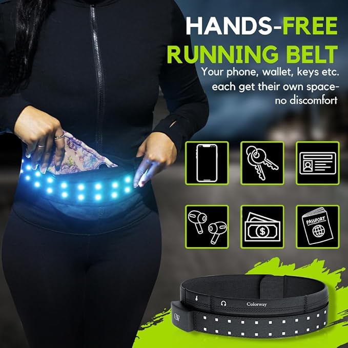 Colorway Led Running Belt – Day & Night Adjustable Waist Pack, Removable Light Strip, 3 Pouches for All Essentials, Reflective Running Gear for Men & Women (Rechargeable, Machine Washable)-StrideForce Fitness