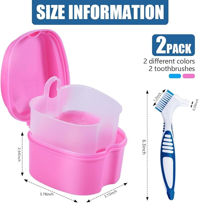2 Pack Denture Bath Case Cup Box Holder Storage Container with Denture Cleaner Brush Strainer Basket for Travel Cleaning (Light Blue and Pink)