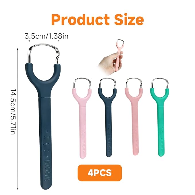 4 Pcs Tongue Scraper for Adults, 4 Colors Stainless Steel Metal Oral Cleaner, Reusable Tongue Hygiene Tool, Portable Tool for Travel and Home Use