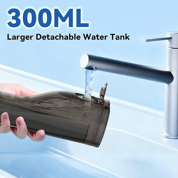 Cordless Portable Water Flosser with 300ML Tank: Rechargeable Oral Irrigator with 5 Tips for Travel, Braces Care and Sensitive Gums, IPX7 Waterproof Teeth Cleaning Device(Black)