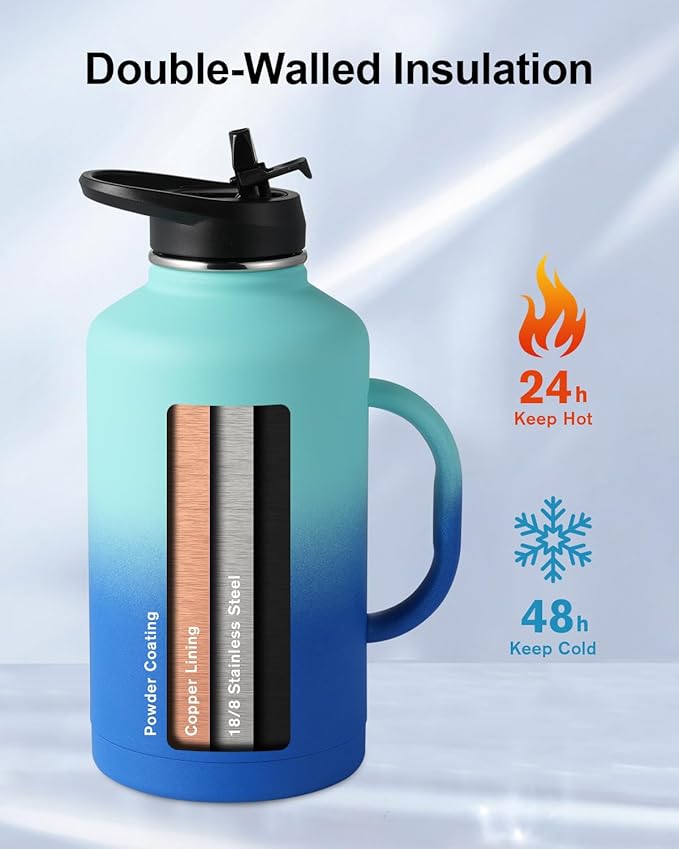 Trebo Half Gallon Water Bottle Insulated with Handle, 64 oz Double Wall Stainless Steel Metal Large Jug, Travel Flask with Straw Spout Lid, Mug Tumbler Cup with Carry Pouch, Keep Cold Hot, Blue-StrideForce Fitness