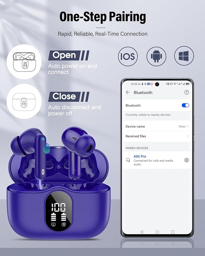 Wireless Earbuds, Bluetooth 5.4 Headphones Bass Stereo, Ear Buds with Noise Cancelling Mic, IP7 Waterproof in Ear Earphones, 36H LED Display Bluetooth Earbuds for Laptop Pad Phones Sports, Dark Blue-StrideForce Fitness