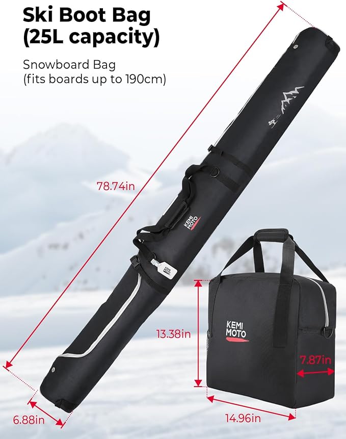KEMIMOTO Ski Bag and Boot Bag Combo, Snowboard Bag Padded Ski Bags for Air Travel, Snow Ski Bags Fit Skis Up to 200cm, Ski Double Bag Combo-StrideForce Fitness