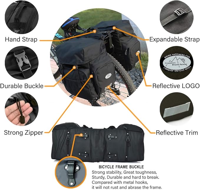 Dreamoon 50L Bike Panniers, Waterproof Bicycle Commuting Bag Saddle Bags with Rain Cover, Bike Rear Seat Bag Carrier with Reflective Trim, Cycling Organizer for Width Less Than 6.3 inches Rack (Black)-StrideForce Fitness