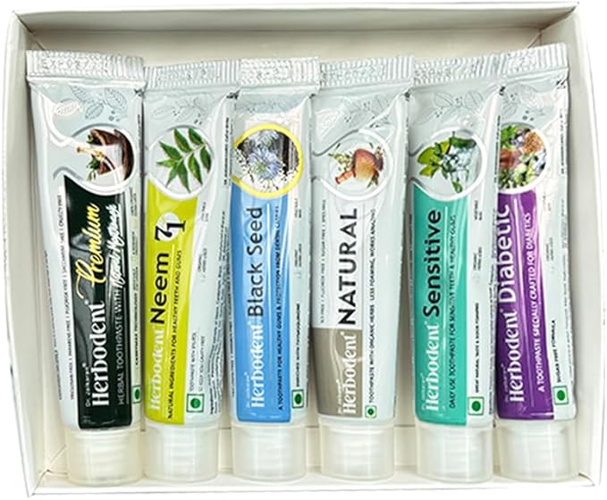 Herbodent Natural Travel Pack - Amazing Toothpaste Minis 15g (Pack of 6) | Premium, Sensitive, Black Seed, Natural, NEEM 7 in 1, Diabetic - 1 Each