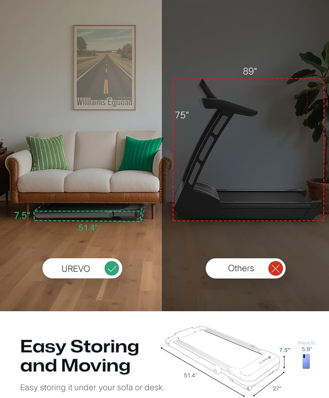 Smart Treadmill with 9% Auto Incline, Hiking and Running Walking Pad Treadmills for Home Office, Treadmill with UREVO APP, AI Powered Music Course, HIIT Programs Synced to Scenic Route, One-Click Mute-StrideForce Fitness