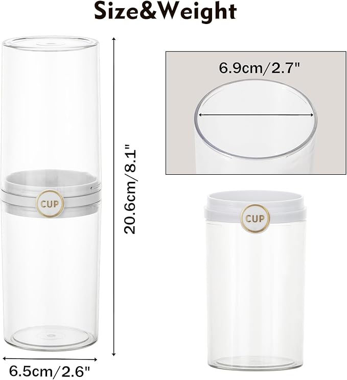 Yeeco Toothbrush Travel Case, 2 pcs Transparent Portable Toothbrush Cover with Mouthwash Cup, Plastic Cylindrical Tooth Brushing Holder for Home School Camping Travelling, 8.1 x 2.6 inches，Clear