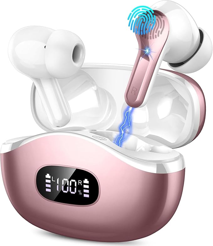 Wireless Earbuds, Bluetooth Headphones 5.3 HiFi Stereo Ear buds with ENC Noise Cancelling Mics, 40H Bluetooth Earbuds with LED Display Charging Case, IP7 Waterproof Earphones for Android iOS, Rosegold-StrideForce Fitness