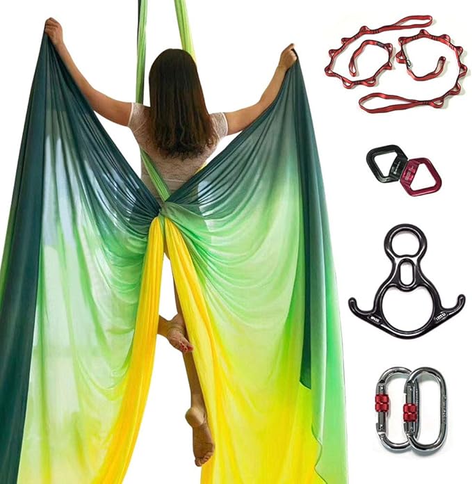 DASKING Aerial Silks Starter Kit - Durable 11Yards of Aerial Yoga Hammock with Hardware, Aerial Swing for Acrobatic Flying Yoga & All Levels (Aerial Rigging Point Up to 14ft)-StrideForce Fitness