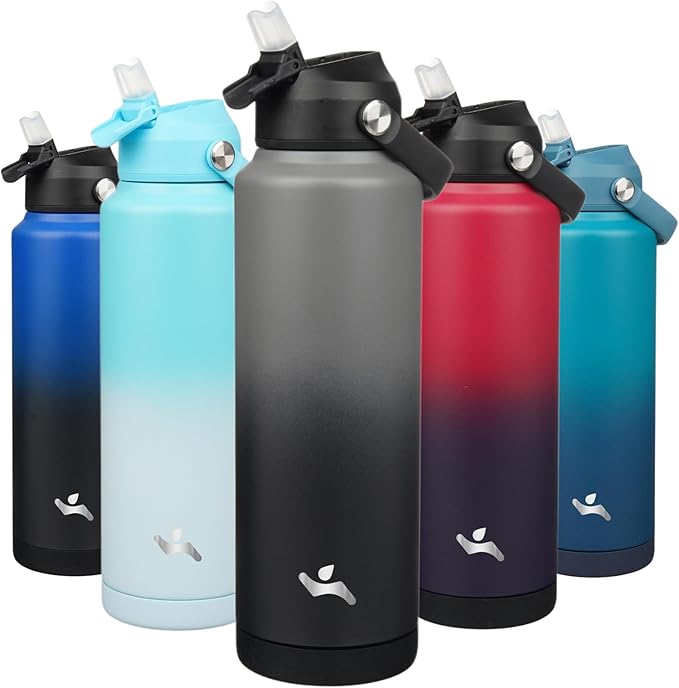Insulated Water Bottle with Straw Lid,40 oz Stainless Steel Vacuum Metal Bottle with Silicone Handle,Gray Black-StrideForce Fitness