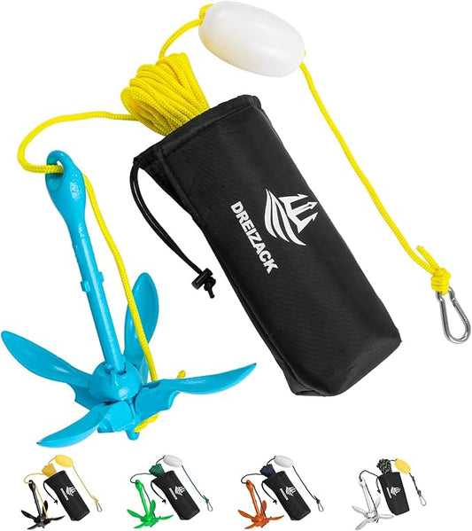 Dreizack Kayak Anchor Kit, 3.5 lb Folding Grapnel Boat Anchor Trolley Accessories with 40ft Rope and PVC Buoy for Fishing Kayaks SUP Paddle Boards Canoes Jet Ski PWC Inflatable Small Boats-StrideForce Fitness