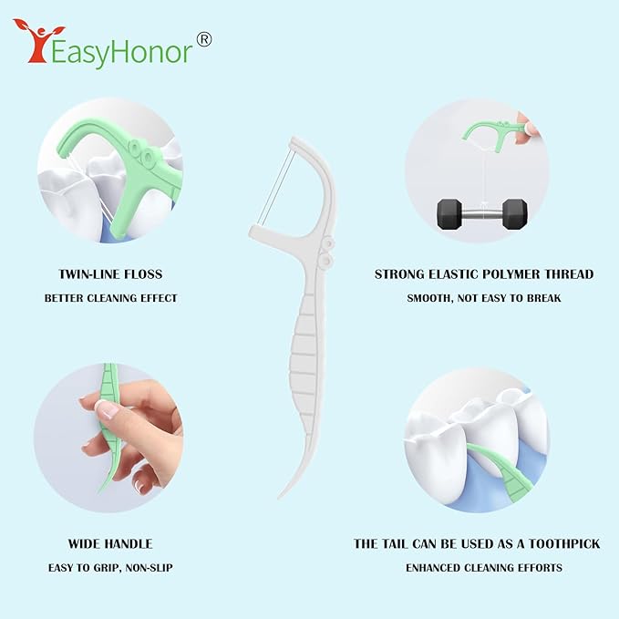 EasyHonor Dental Floss Picks,Twin-Line Mint Flavor Dental Flossers, Dual Action Flossing System, Easy Carry and Pick, 156 Count Floss Sticks in 3 Portable case.(White, Mint)