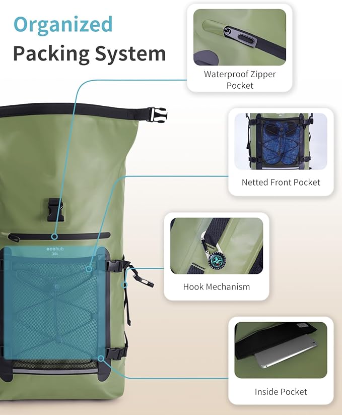 ECOHUB Waterproof Backpack for Women Men, 30L Roll-Top Closure Heavy Duty Dry Bag for Travel with IPX8 Waterproof Phone Case-StrideForce Fitness