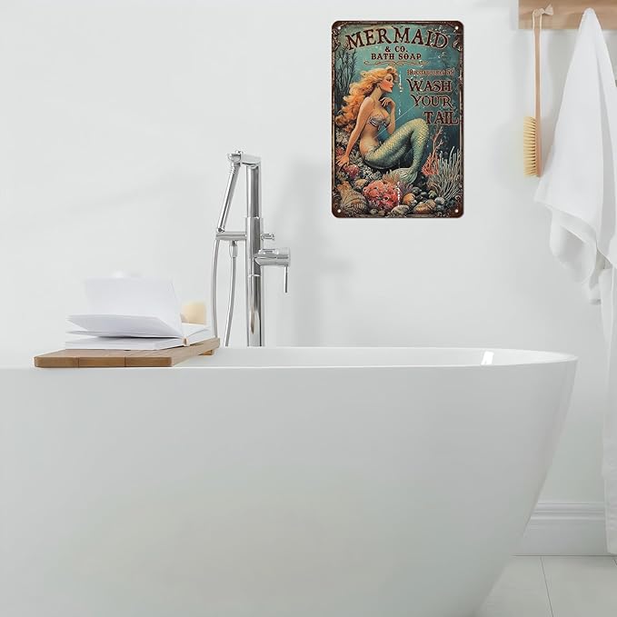 Retro Mermaid Tin Sign Wash Your Tail Vintage Metal Poster Funny Bath Soap Wall Art Toilet Bathroom Man Cave Bar Cafe Indoor Living Room Garage 12 * 8inch-StrideForce Fitness