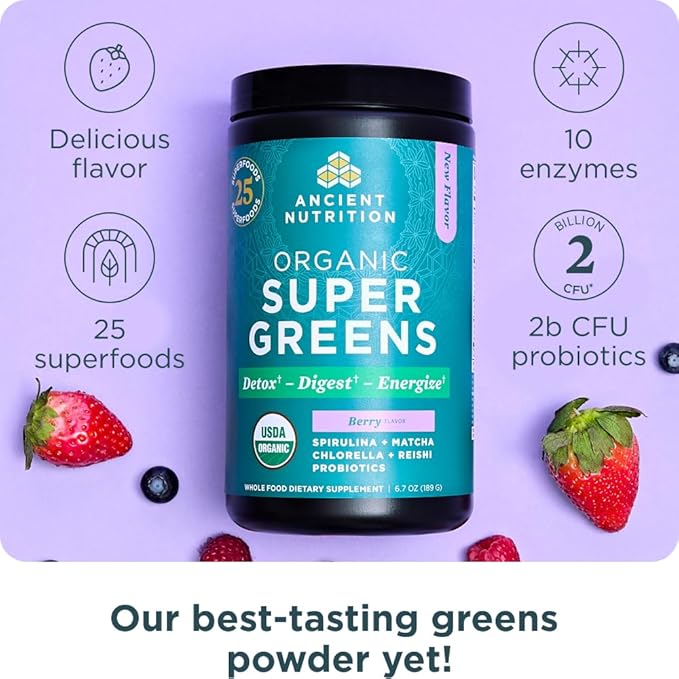 Ancient Nutrition SuperGreens Powder with Probiotics, Organic Berry Flavor Greens, Made from Real Fruits, Vegetables and Herbs, Digestive and Energy Support, 25 Servings, 6.7oz-StrideForce Fitness