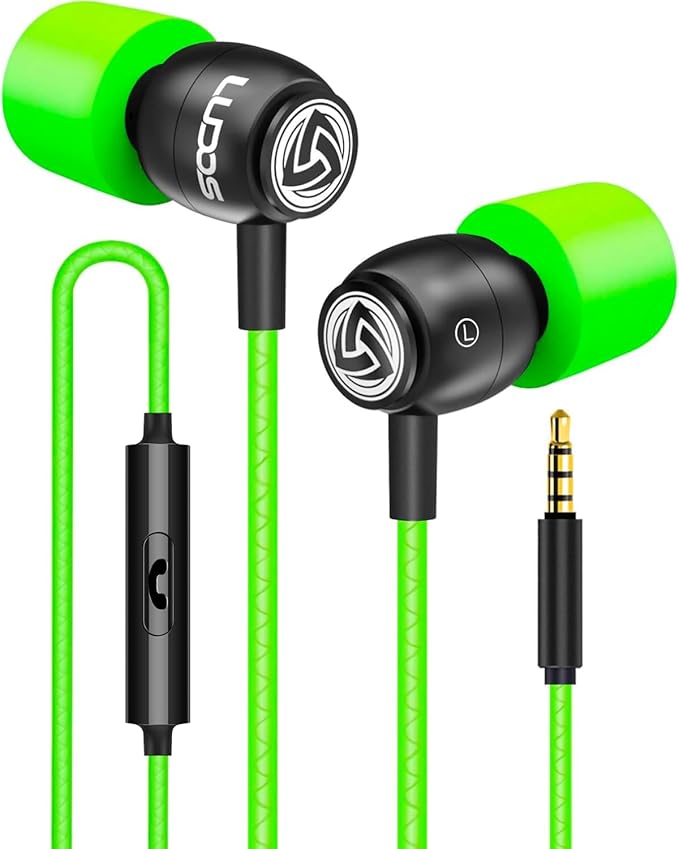 LUDOS Clamor Wired Earbuds in-Ear Headphones, 5 Years Warranty, Earphones with Microphone, Noise Isolating Ear Buds, Memory Foam for iPhone, Samsung, School Students, Kids, Women, Small Ears - Green-StrideForce Fitness