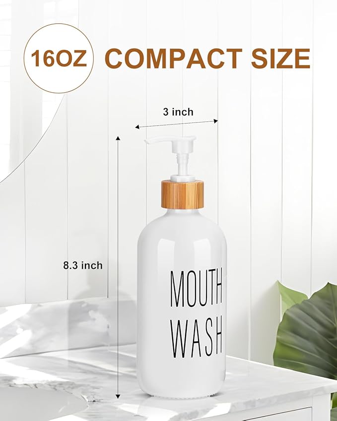 Pump Mouthwash Dispenser, Glass Mouthwash Container for Bathroom Countertop, Mouth Wash Bottle Decanter, White, Printed Font
