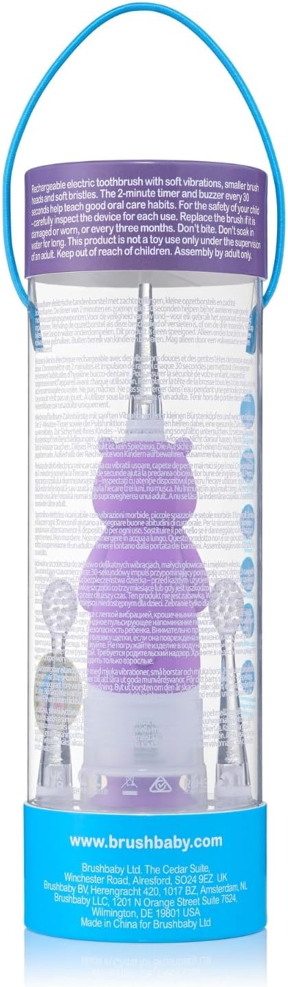 BrushBaby - WildOnes - Kids Rechargeable Electric Toothbrush, Ages 0-10 - Holly Hippo Design with Flashing Lights - DeepClean Bristles for Superior Cleaning - 2 Replacement Brush Heads, 1 USB Cable
