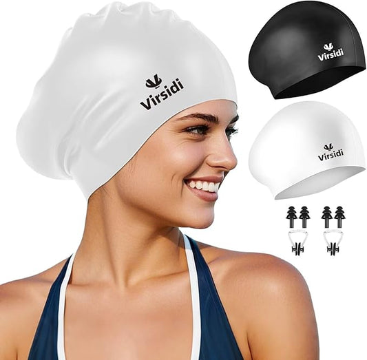 2 Pack Swim Cap for Women Men Adult, Silicone Swimming Caps for Short Long Hair, Waterproof Swim Hats Bathing Caps to Keep Hair Dry with Nose Clip and Earplugs-StrideForce Fitness