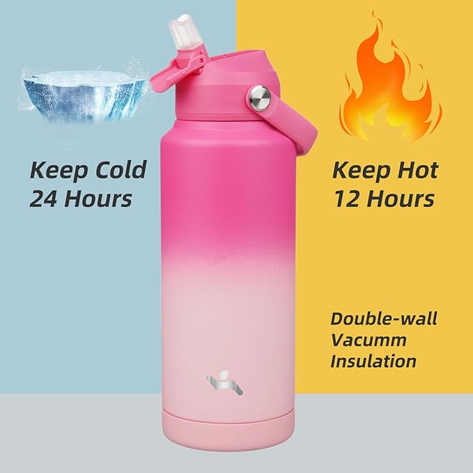 Insulated Water Bottle with Straw Lid,32 oz Stainless Steel Vacuum Metal Bottle with Silicone Handle,Cherry Blossom-StrideForce Fitness