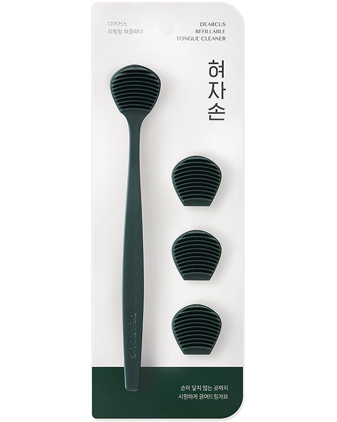 DEARCUS Korean Tongue Scraper with 3 Replaceable Heads - 100% BPA Free TPE Tongue Cleaner - Reduce Bad Breath & Without Hurt - Hygienic Scraper - Modern & Simple Design (Deep Green)