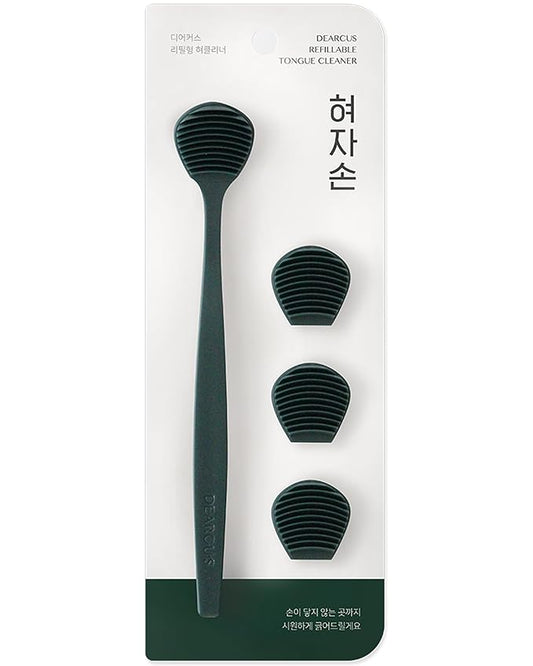 DEARCUS Korean Tongue Scraper with 3 Replaceable Heads - 100% BPA Free TPE Tongue Cleaner - Reduce Bad Breath & Without Hurt - Hygienic Scraper - Modern & Simple Design (Deep Green)