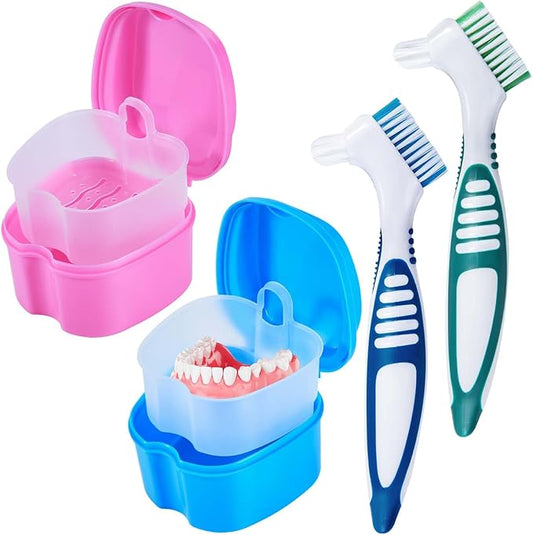 2 Pack Denture Bath Case Cup Box Holder Storage Container with Denture Cleaner Brush Strainer Basket for Travel Cleaning (Light Blue and Pink)